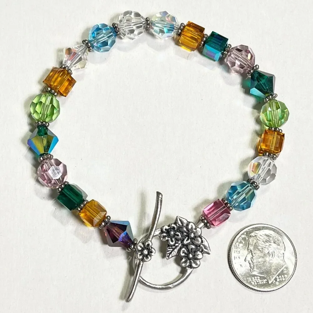 Crystal Bead Bracelet Silver Tone Floral Toggle Clasp Mixed Shapes Faceted Glass